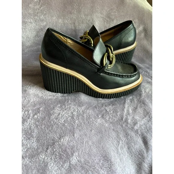 Dolce Vita Women Black Leather Chain Link Platform Wedge Loafers Size 6.5 - Picture 3 of 8